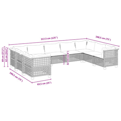 9-delige Loungeset met kussens poly rattan grijs
