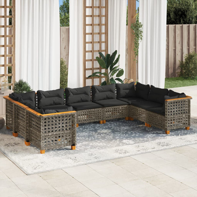 9-delige Loungeset met kussens poly rattan grijs