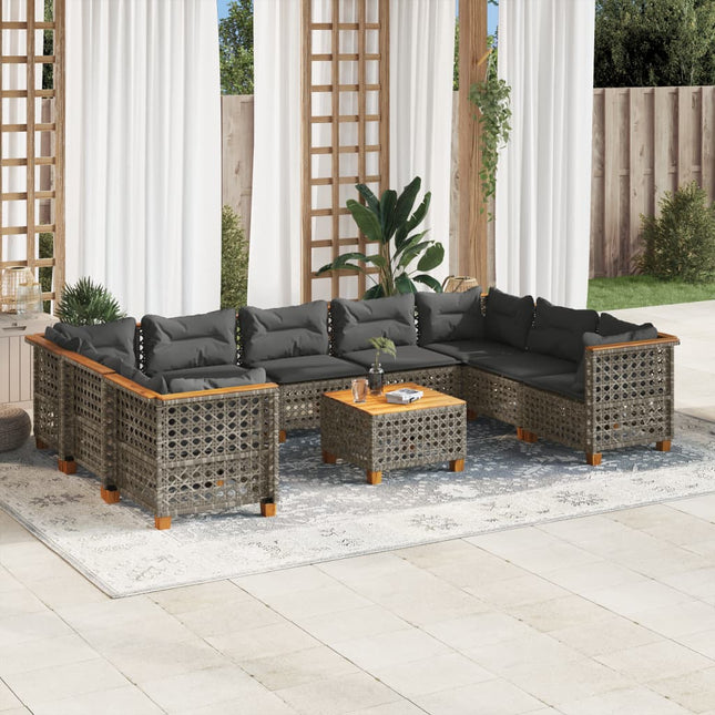 10-delige Loungeset met kussens poly rattan grijs