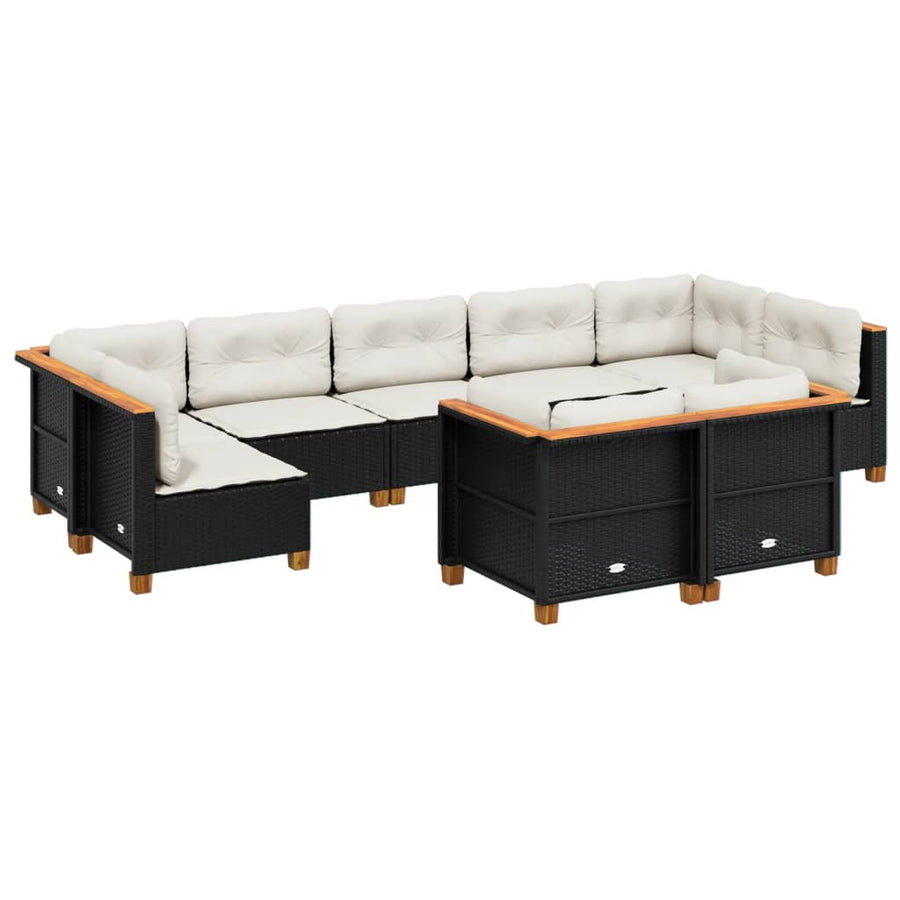 9-delige Loungeset met kussens poly rattan zwart
