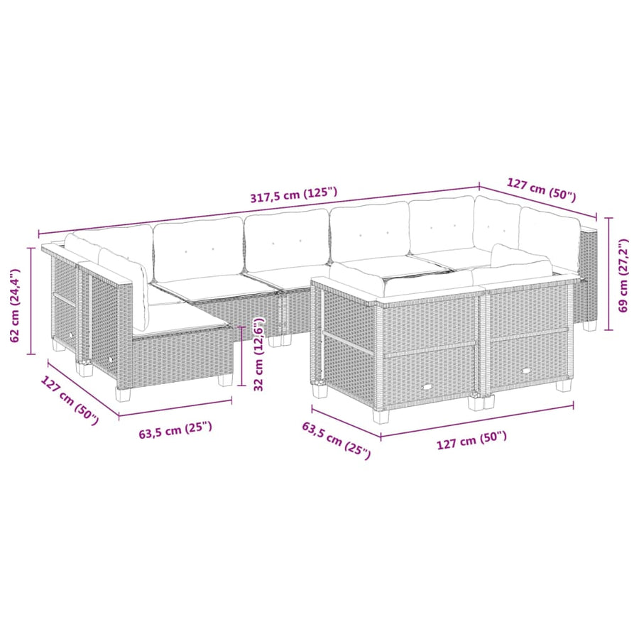 9-delige Loungeset met kussens poly rattan zwart
