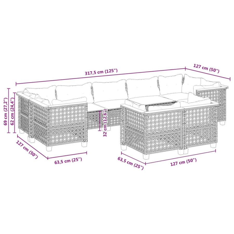 9-delige Loungeset met kussens poly rattan zwart