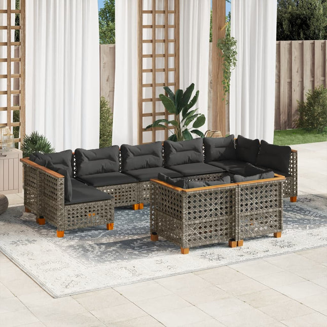 9-delige Loungeset met kussens poly rattan grijs