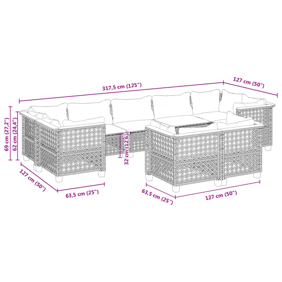 9-Delige Loungeset Met Kussens Poly Rattan Beige 1 gat weven
