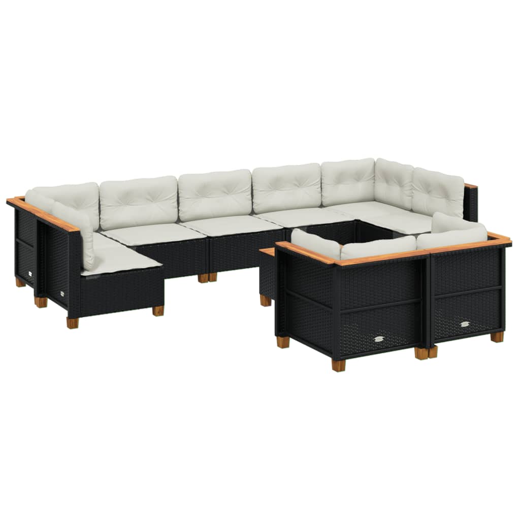 10-delige Loungeset met kussens poly rattan zwart