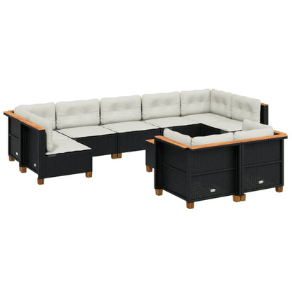 10-delige Loungeset met kussens poly rattan zwart