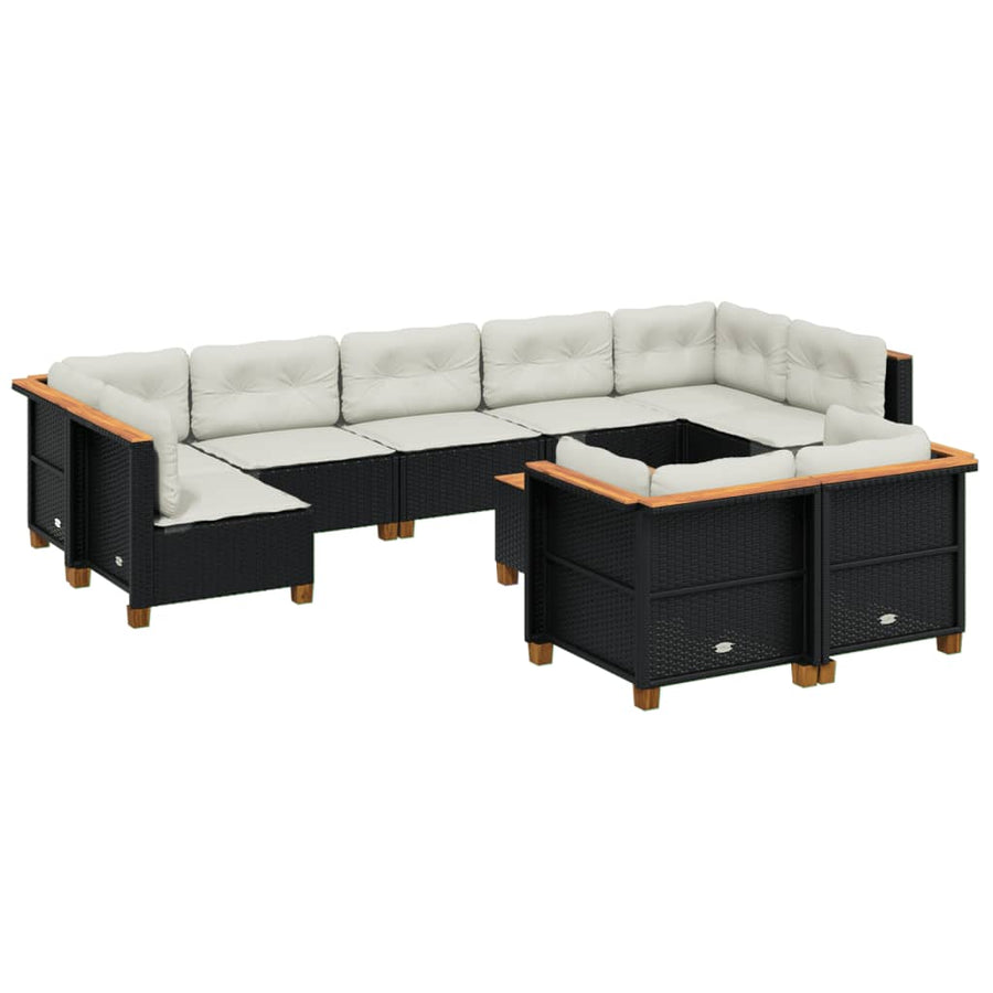 10-delige Loungeset met kussens poly rattan zwart
