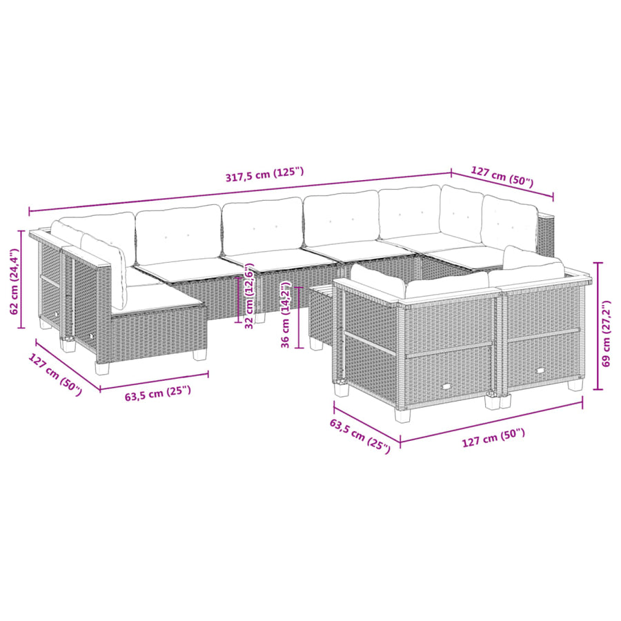 10-delige Loungeset met kussens poly rattan zwart
