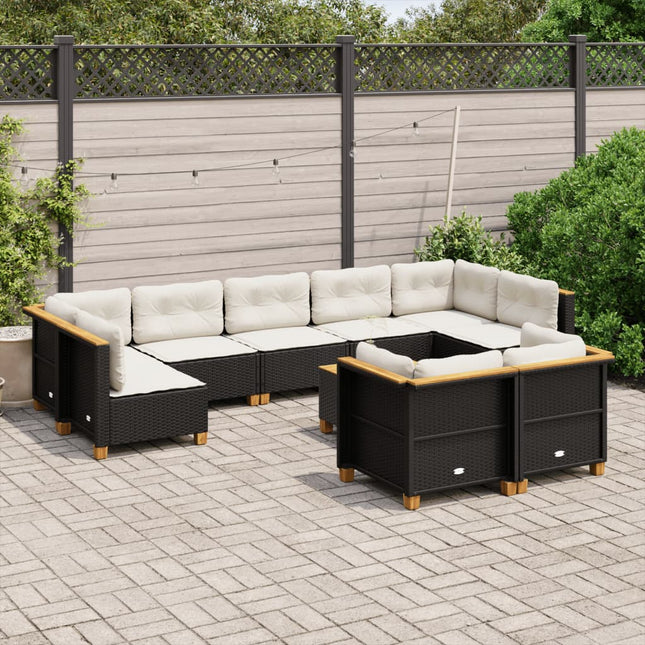 10-delige Loungeset met kussens poly rattan zwart