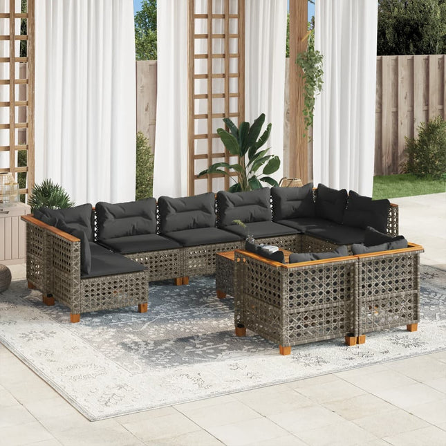 10-delige Loungeset met kussens poly rattan grijs