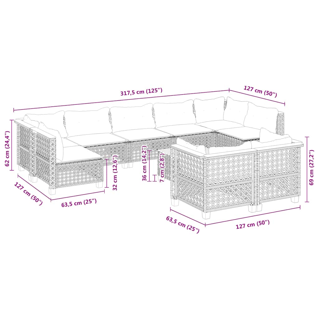 10-Delige Loungeset Met Kussens Poly Rattan Beige gat weven