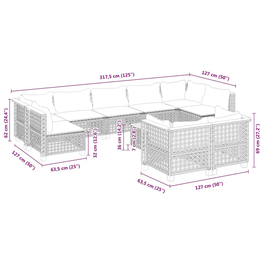 10-Delige Loungeset Met Kussens Poly Rattan Beige gat weven
