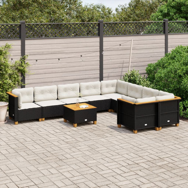 10-delige Loungeset met kussens poly rattan zwart