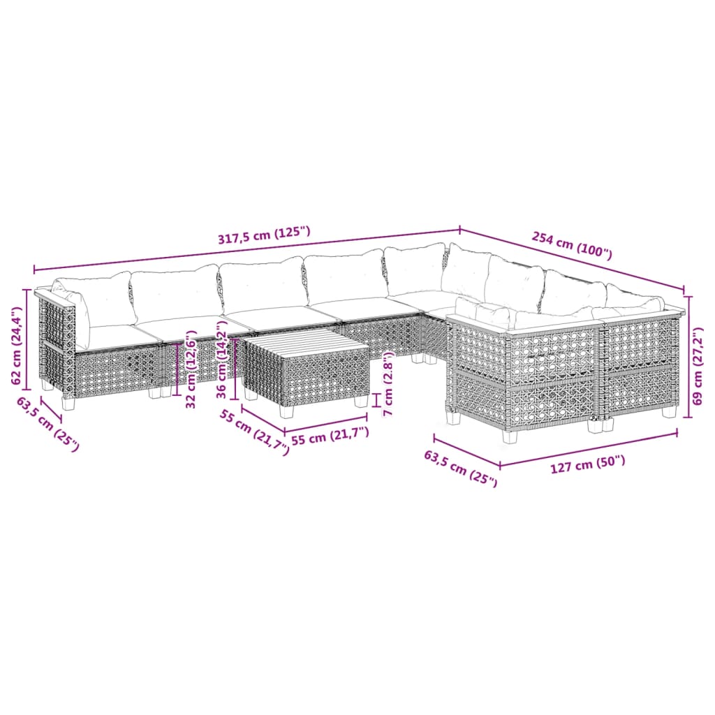 10-delige Loungeset met kussens poly rattan zwart