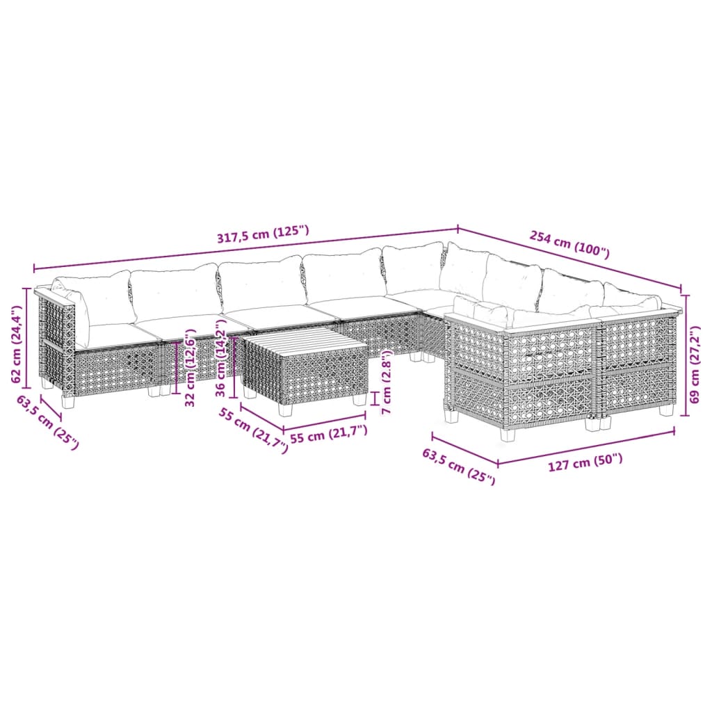 10-delige Loungeset met kussens poly rattan grijs