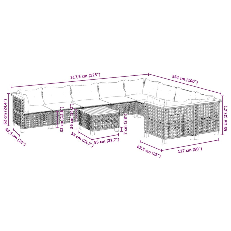 10-delige Loungeset met kussens poly rattan grijs