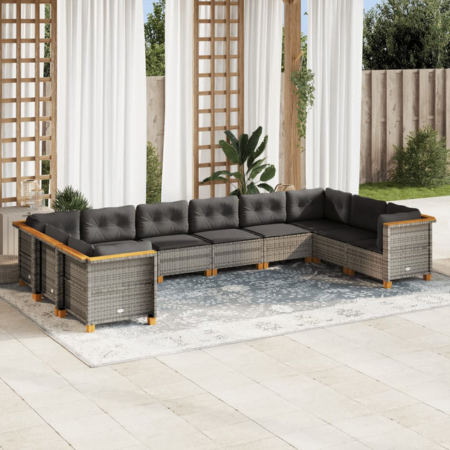 10-delige Loungeset met kussens poly rattan grijs