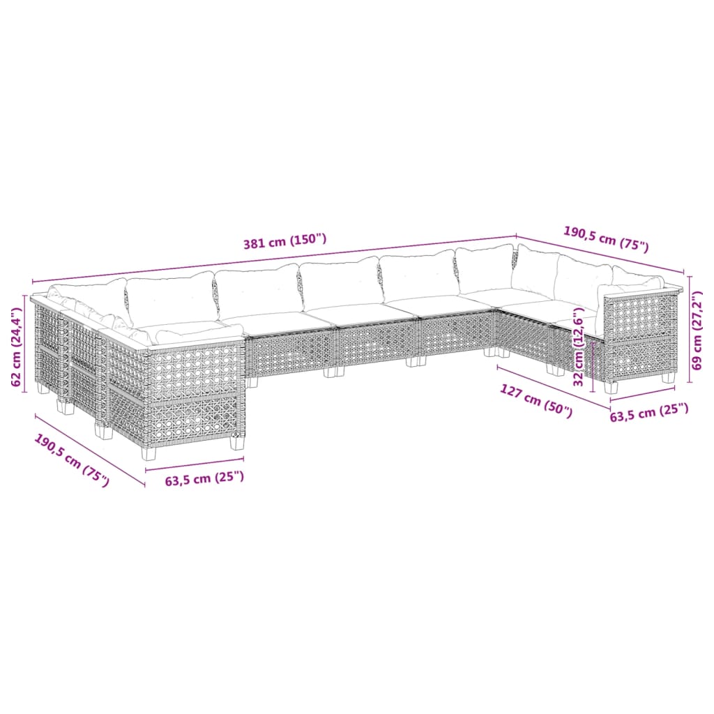 10-Delige Loungeset Met Kussens Poly Rattan Beige gat weven