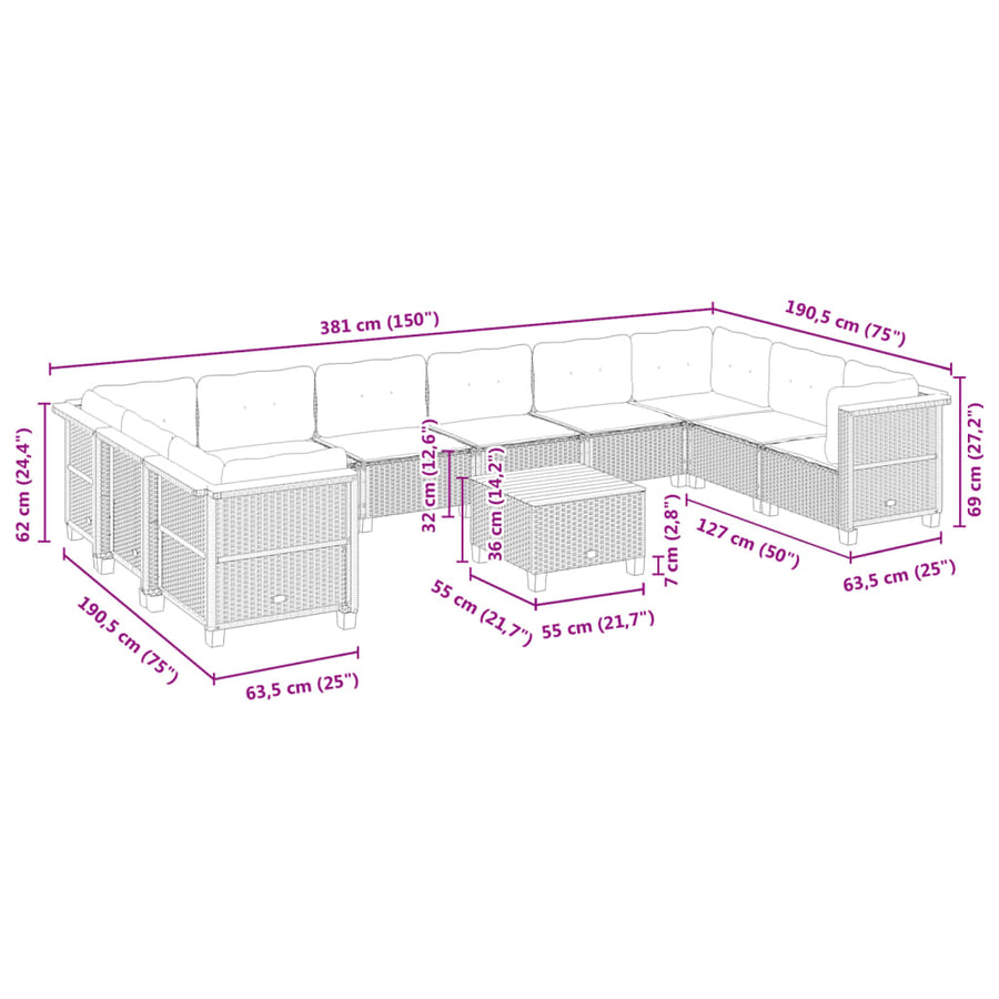 11-delige Loungeset met kussens poly rattan zwart