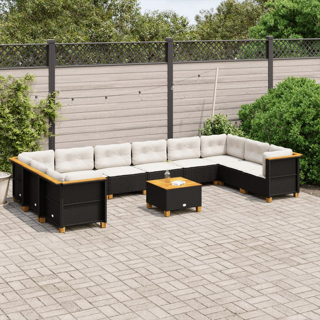 11-delige Loungeset met kussens poly rattan zwart