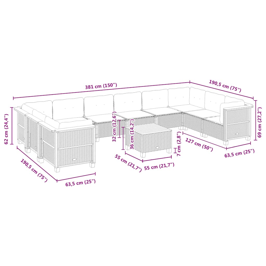 11-delige Tuinset met kussens poly rattan beige