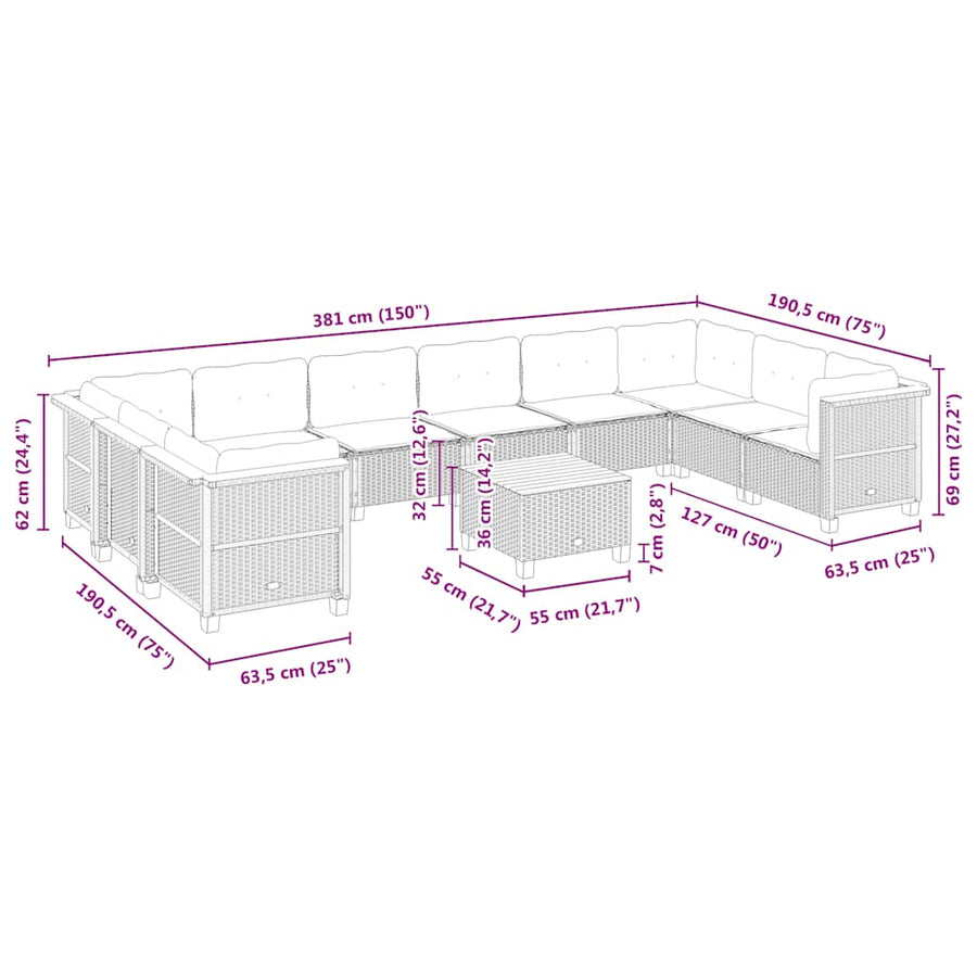 11-delige Tuinset met kussens poly rattan beige