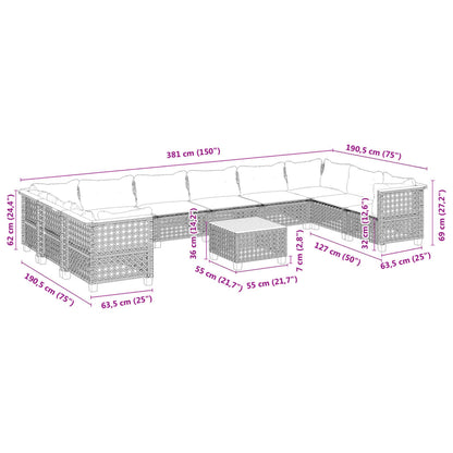 11-delige Loungeset met kussens poly rattan zwart