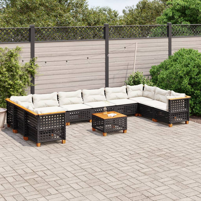 11-delige Loungeset met kussens poly rattan zwart