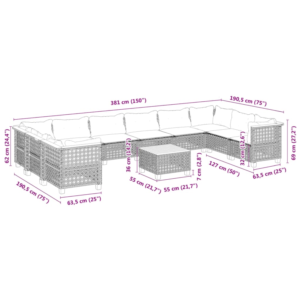 11-delige Loungeset met kussens poly rattan grijs