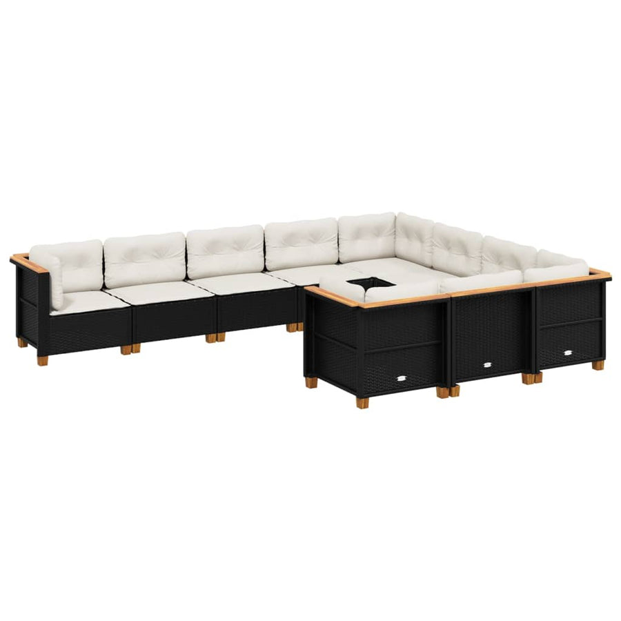 10-delige Loungeset met kussens poly rattan zwart