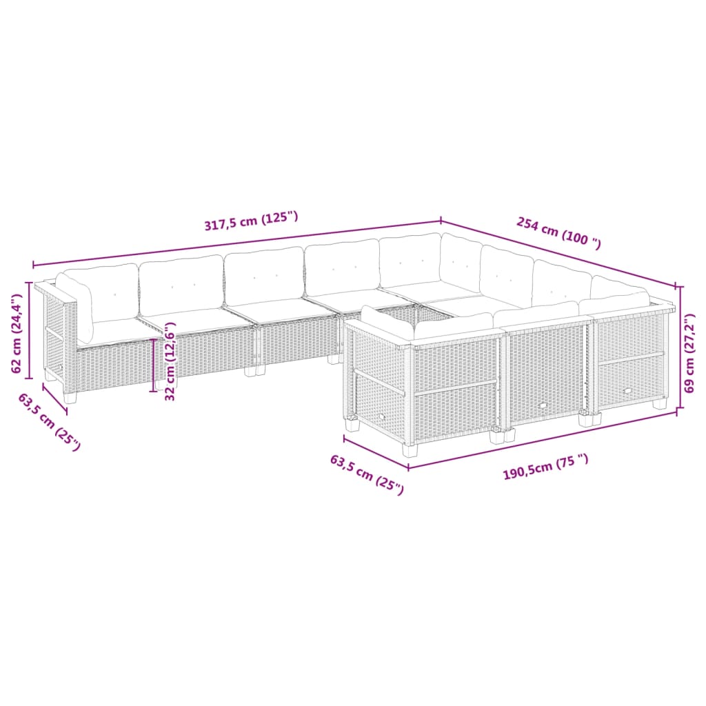 10-delige Loungeset met kussens poly rattan zwart