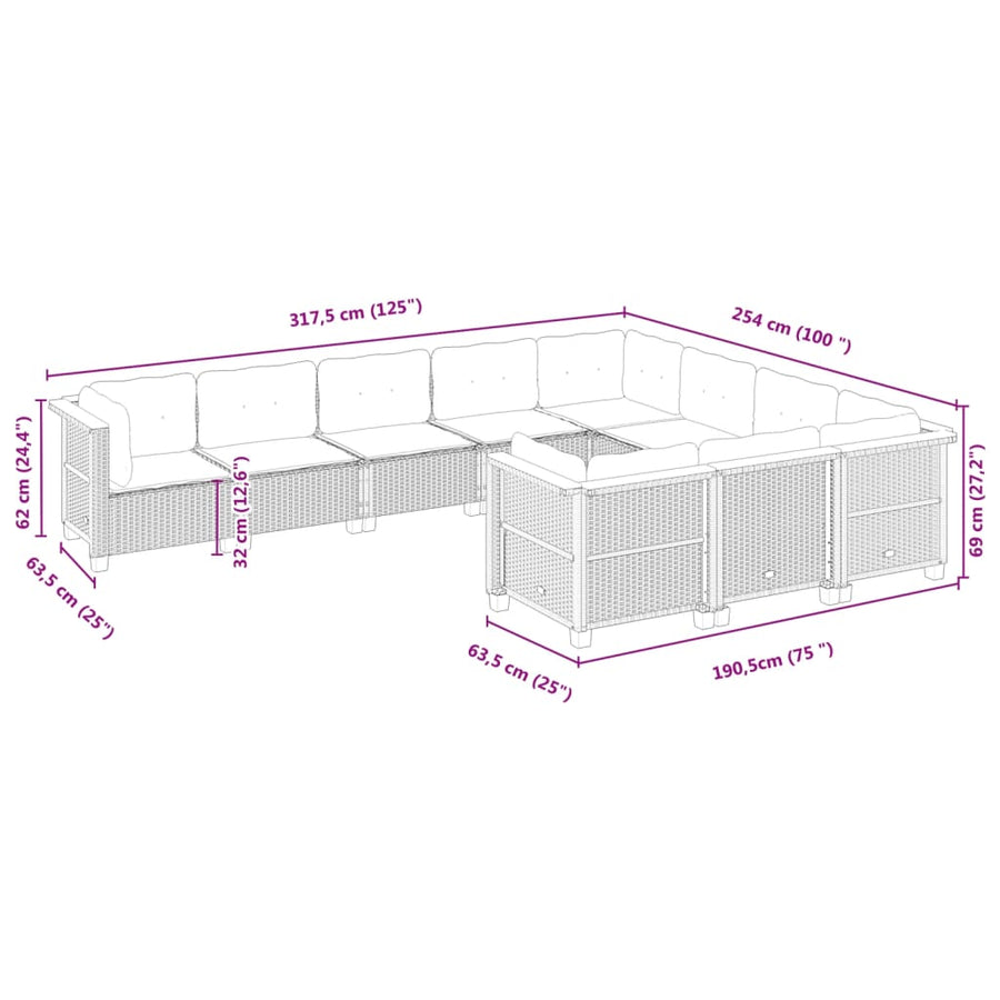 10-delige Loungeset met kussens poly rattan zwart