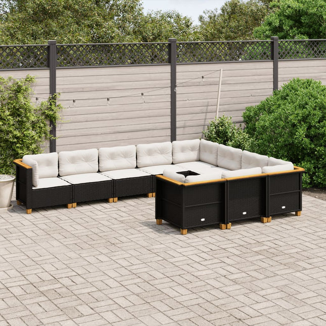 10-delige Loungeset met kussens poly rattan zwart