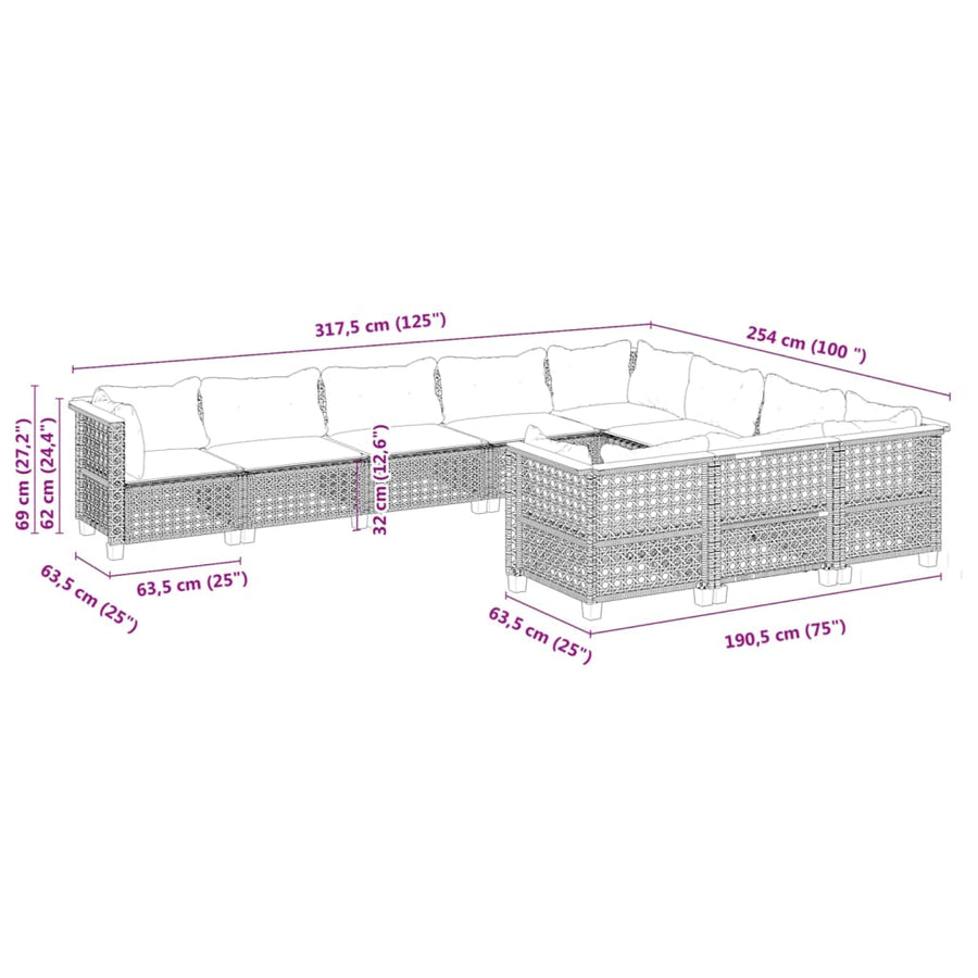 10-Delige Loungeset Met Kussens Poly Rattan Beige gat weven