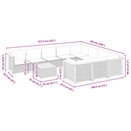11-delige Loungeset met kussens poly rattan zwart