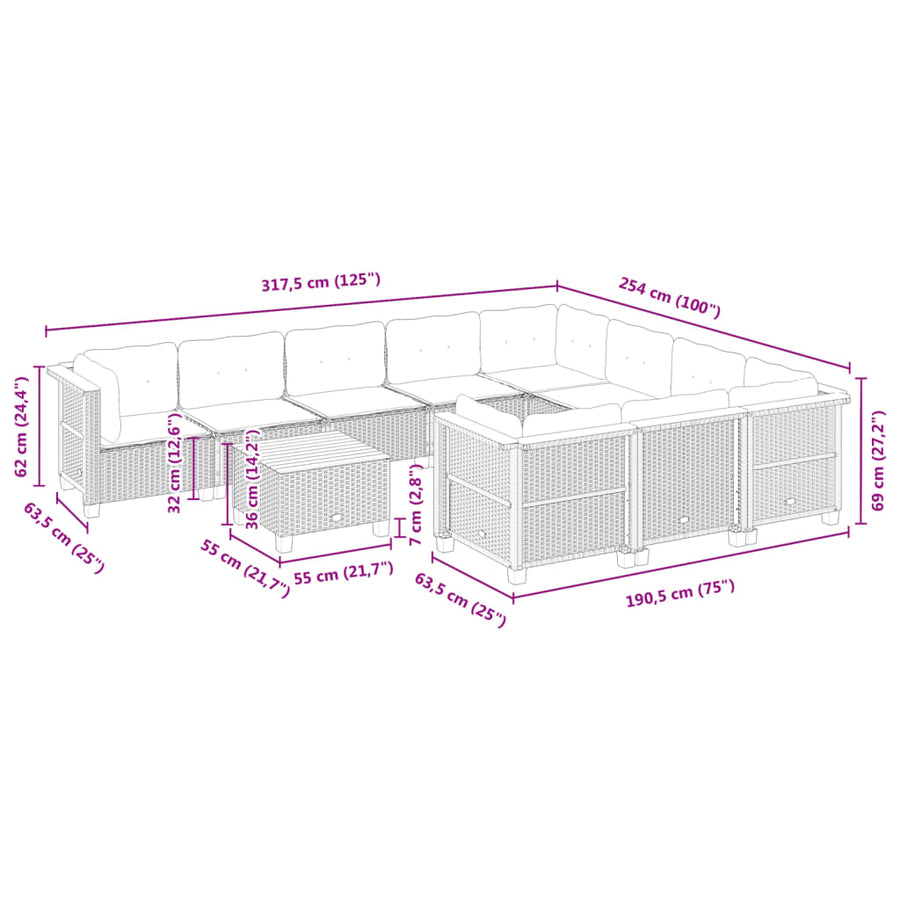 11-delige Loungeset met kussens poly rattan zwart