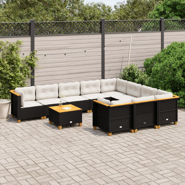 11-delige Loungeset met kussens poly rattan zwart