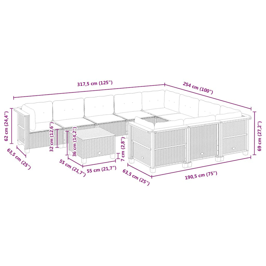 11-delige Tuinset met kussens poly rattan beige