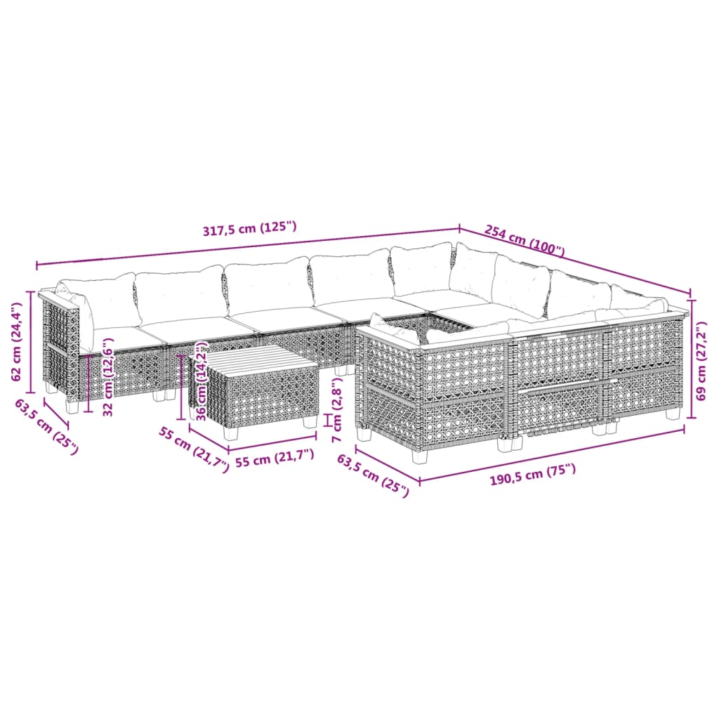 11-delige Loungeset met kussens poly rattan zwart