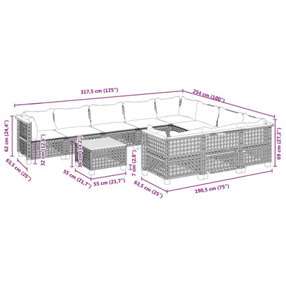 11-delige Loungeset met kussens poly rattan zwart