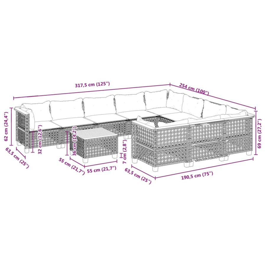 11-delige Loungeset met kussens poly rattan zwart