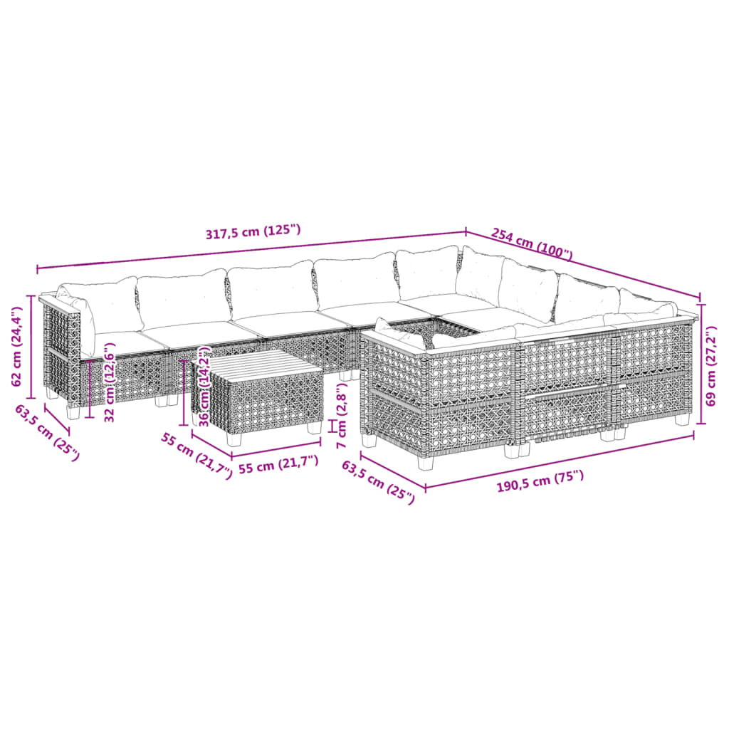11-delige Loungeset met kussens poly rattan grijs