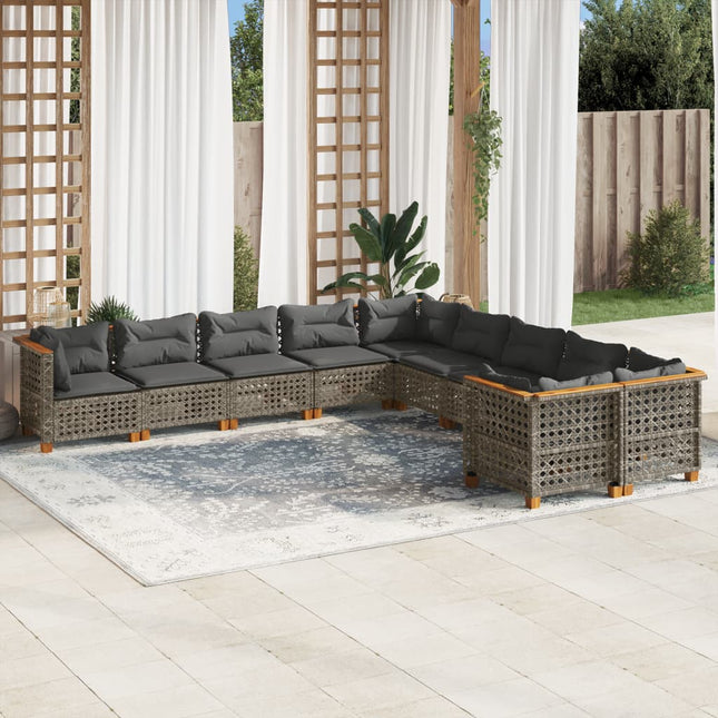 10-delige Loungeset met kussens poly rattan grijs