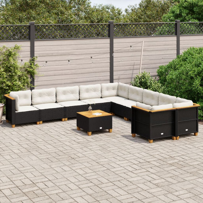 11-delige Loungeset met kussens poly rattan zwart