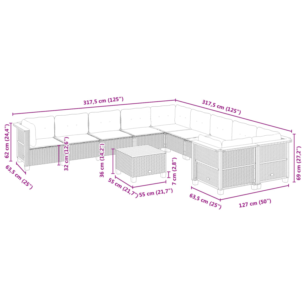 11-delige Loungeset met kussens poly rattan grijs