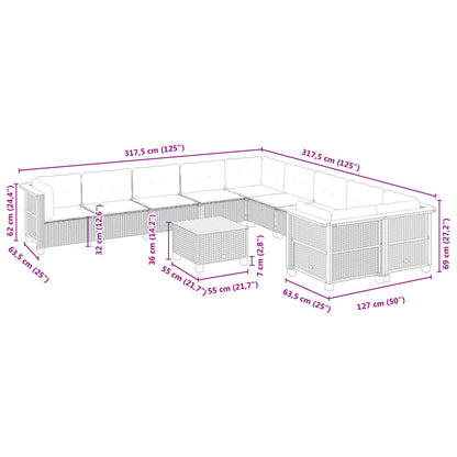 11-delige Loungeset met kussens poly rattan grijs