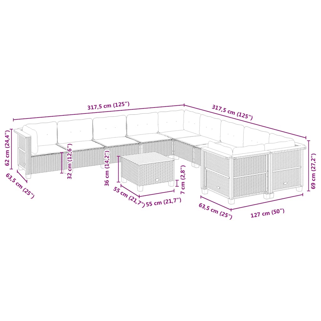 11-delige Tuinset met kussens poly rattan beige