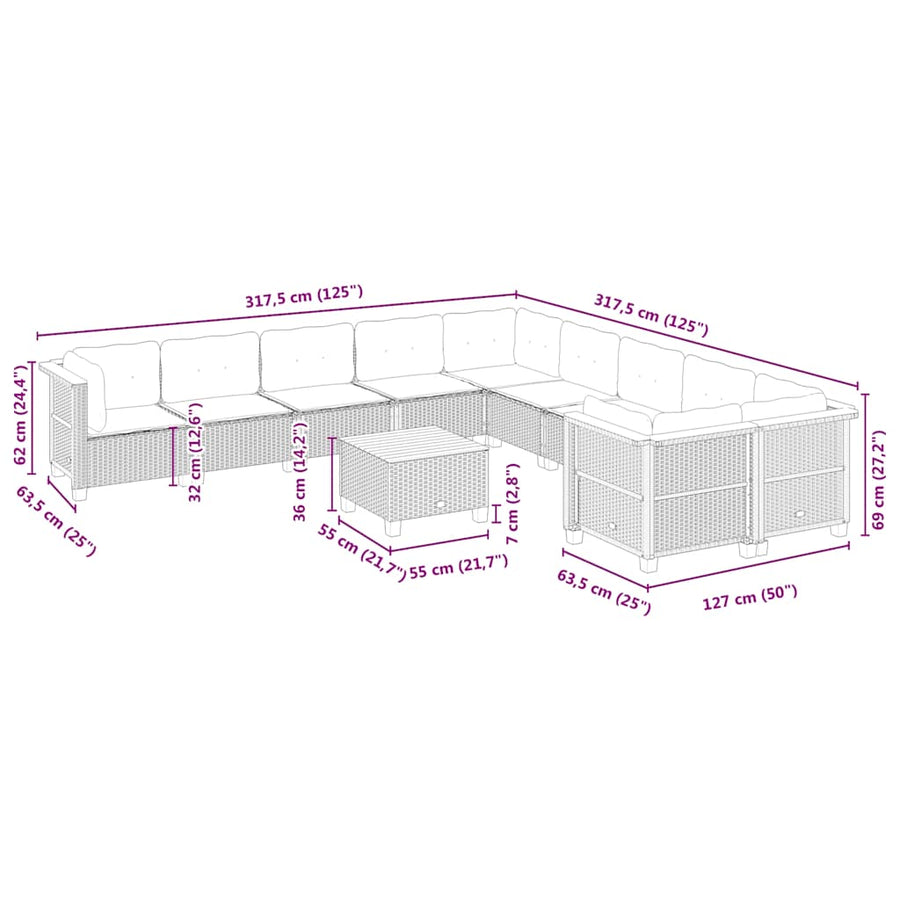 11-delige Tuinset met kussens poly rattan beige