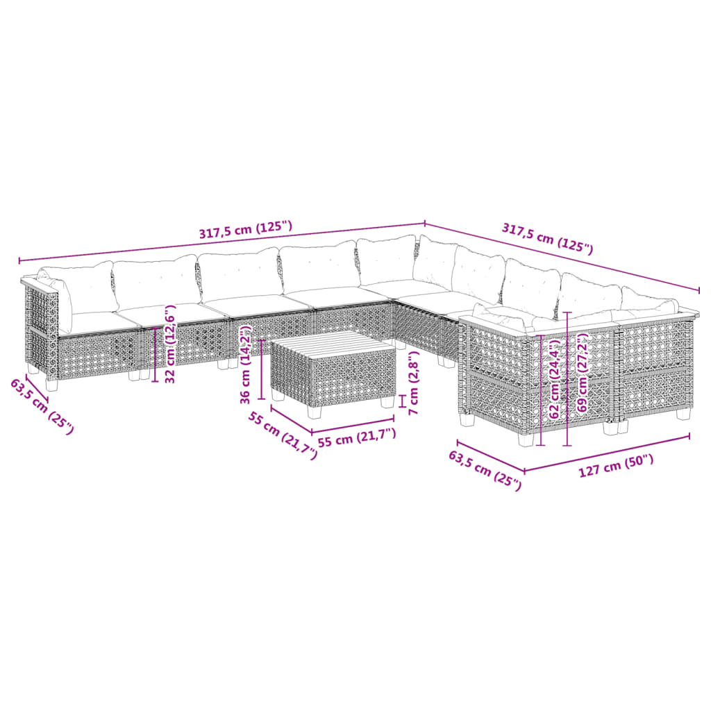 11-delige Loungeset met kussens poly rattan zwart