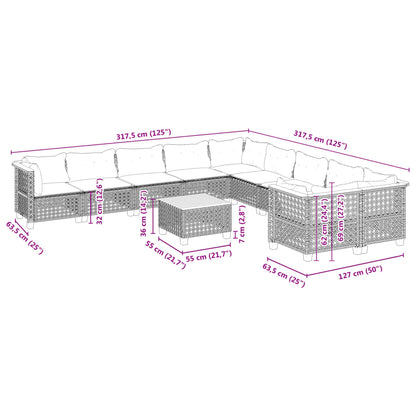 11-delige Loungeset met kussens poly rattan zwart